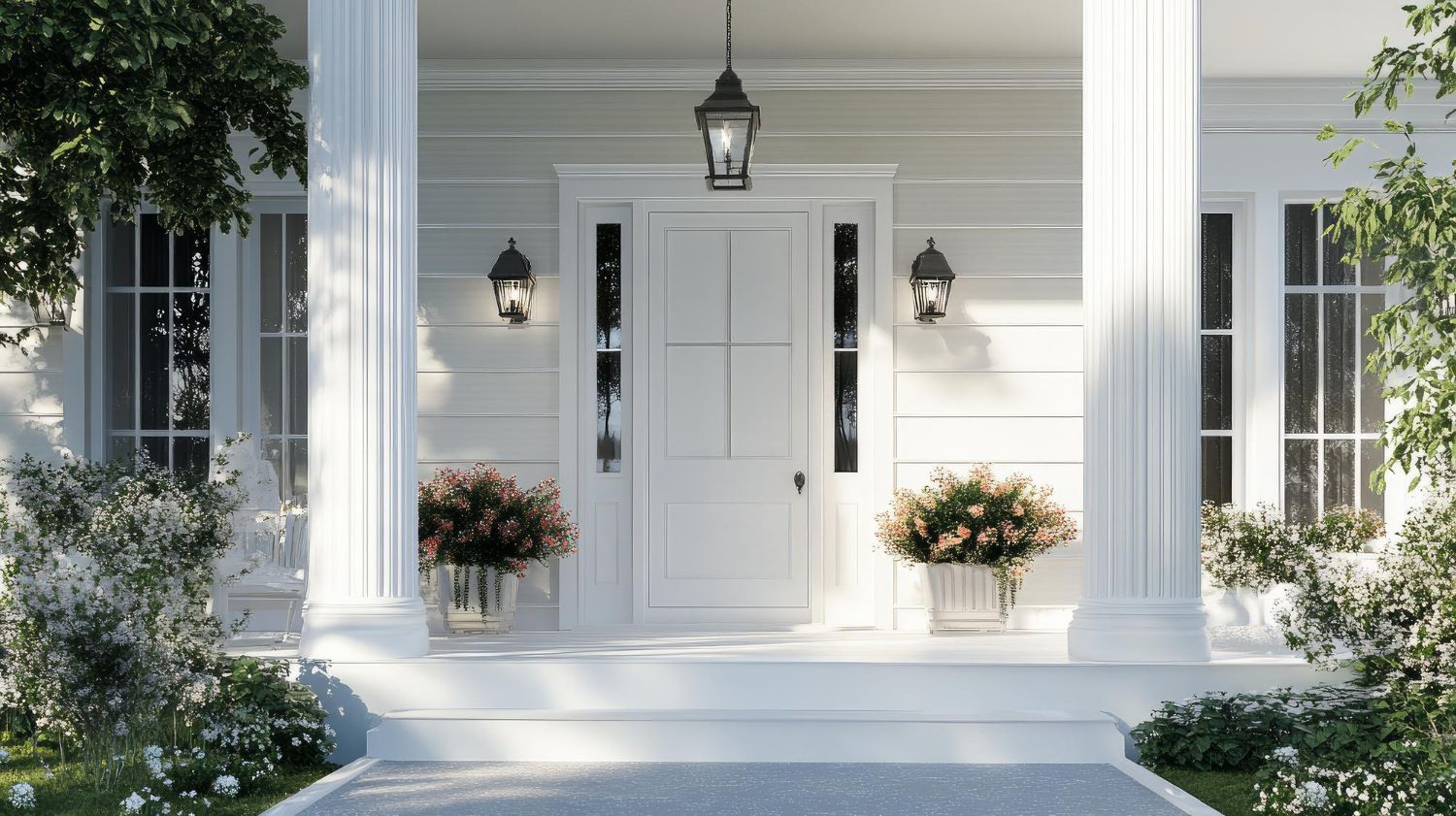 A white house with a porch and flowers in front of it.