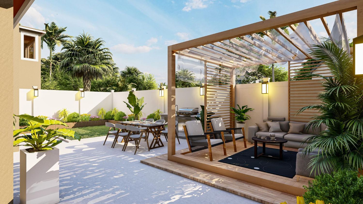 Outdoor patio with dining and lounge areas, wooden pergola, and lush greenery under a bright sky.