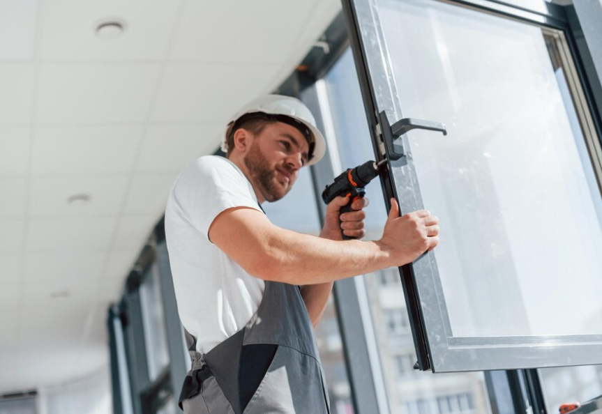 Man in hard hat installing window with a caulk gun. Indoors, bright space.