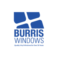 The burris windows logo is blue and white and says quality vinyl windows for over 50 years.