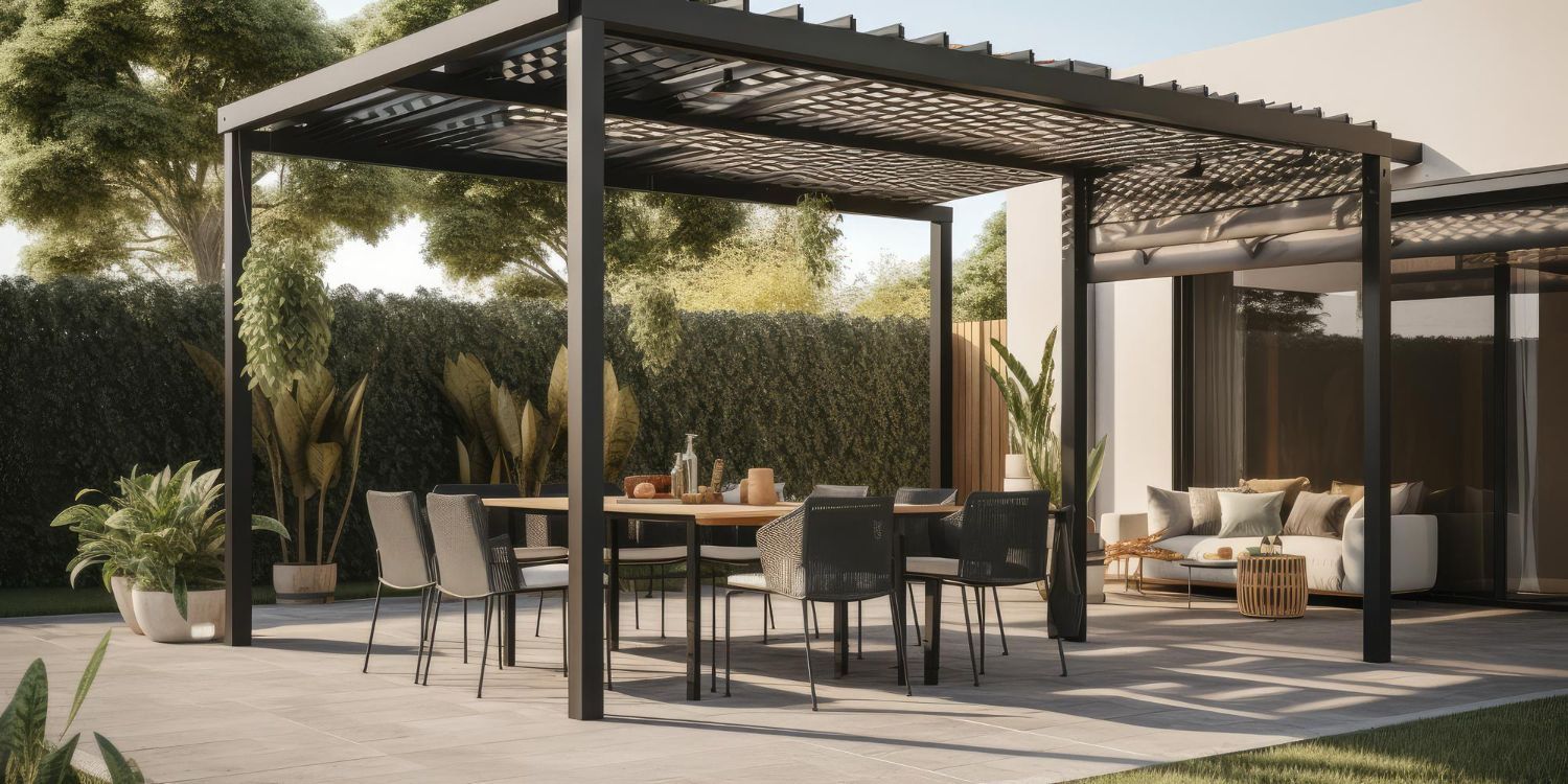 Patio with black pergola, dining set, and seating area next to a house with greenery.