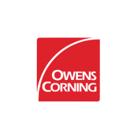 The logo for owens corning is a red square with a white arrow in the middle.