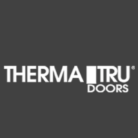 The logo for therma tru doors is white on a gray background.